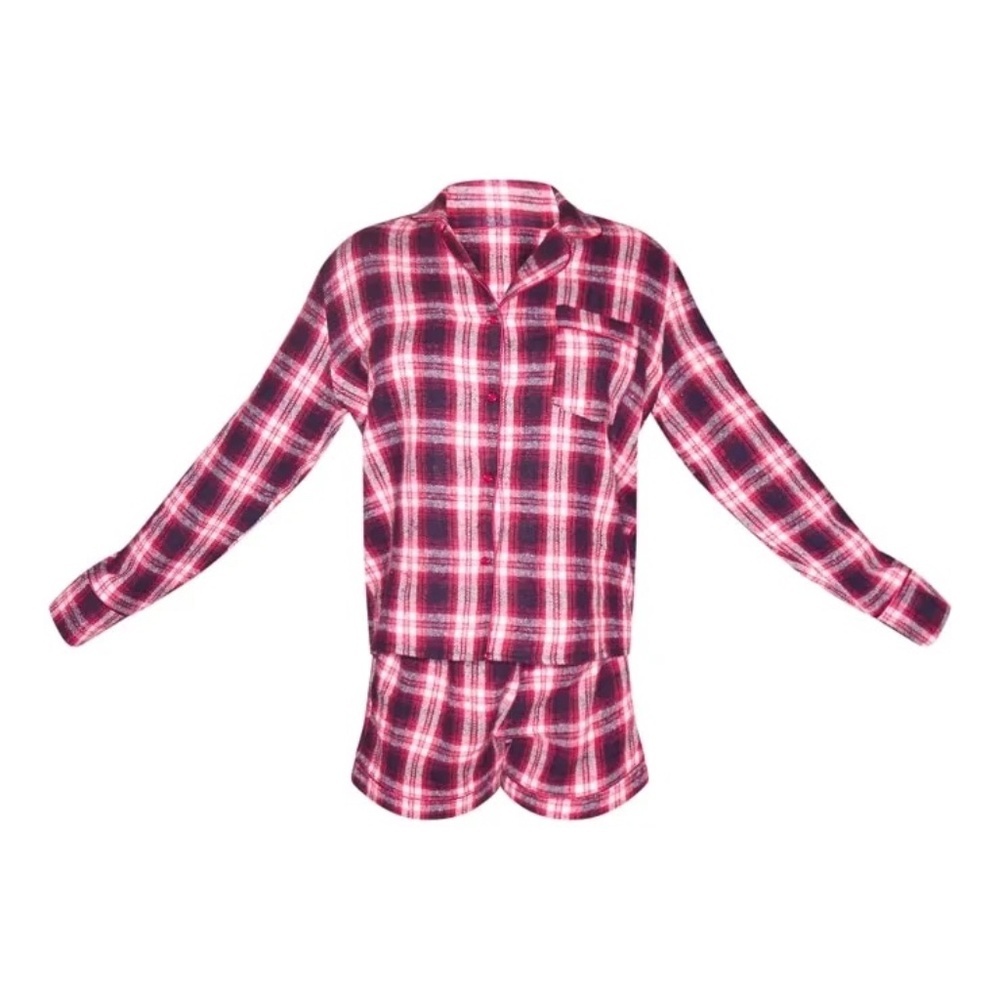 1100 NWT PrettyLittleThing Brushed Check Button Up PJ Top – S – Red Black